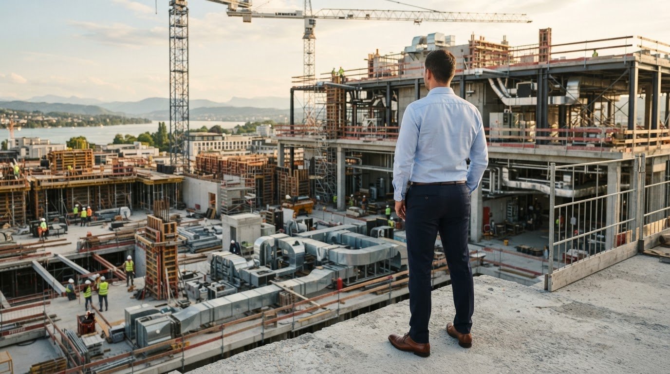 Bauleiter überblickt eine Baustelle mit montierten Lüftungskanälen