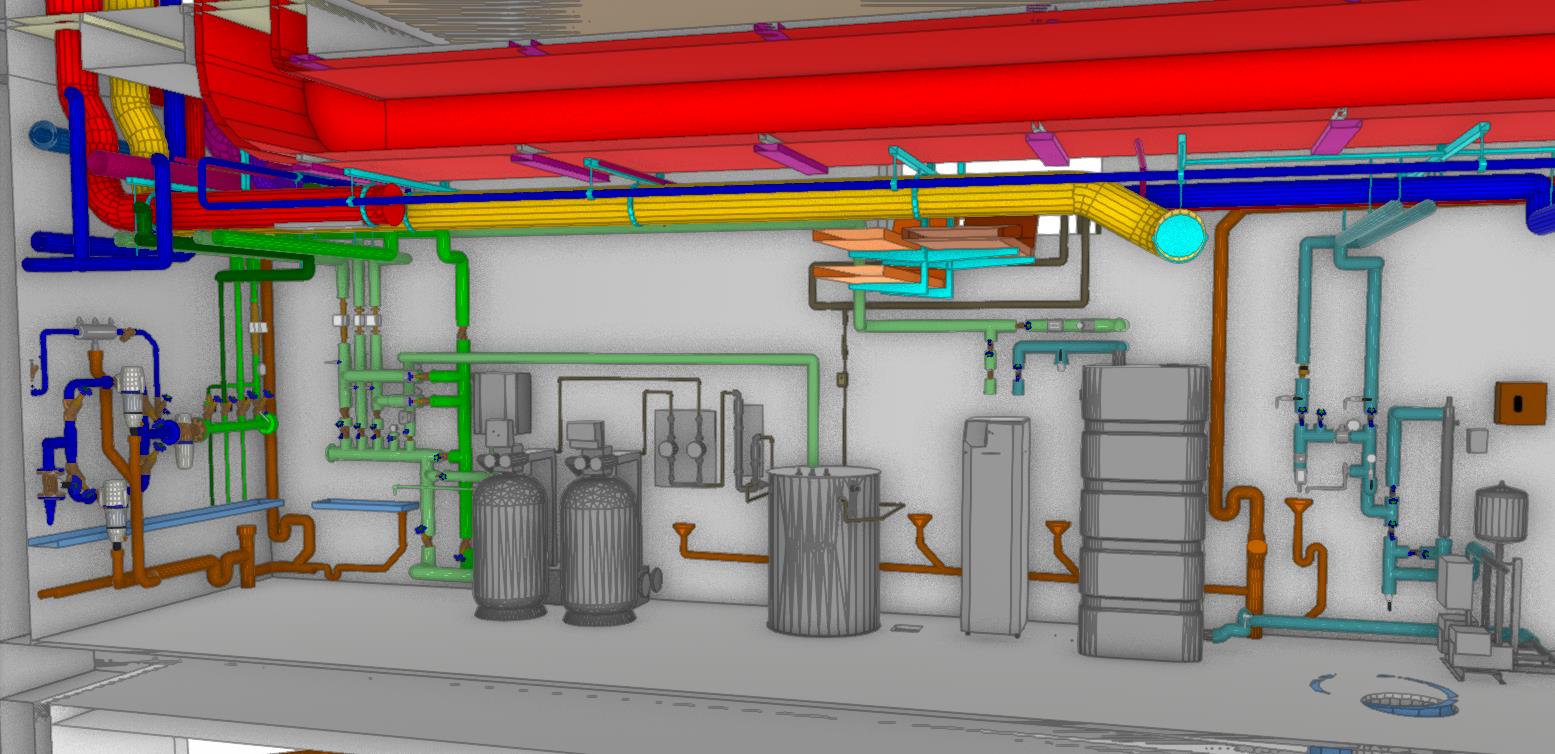 3D Modell einer Technikzentrale mit Speichern, Verteilern und farbig codierten Leitungen