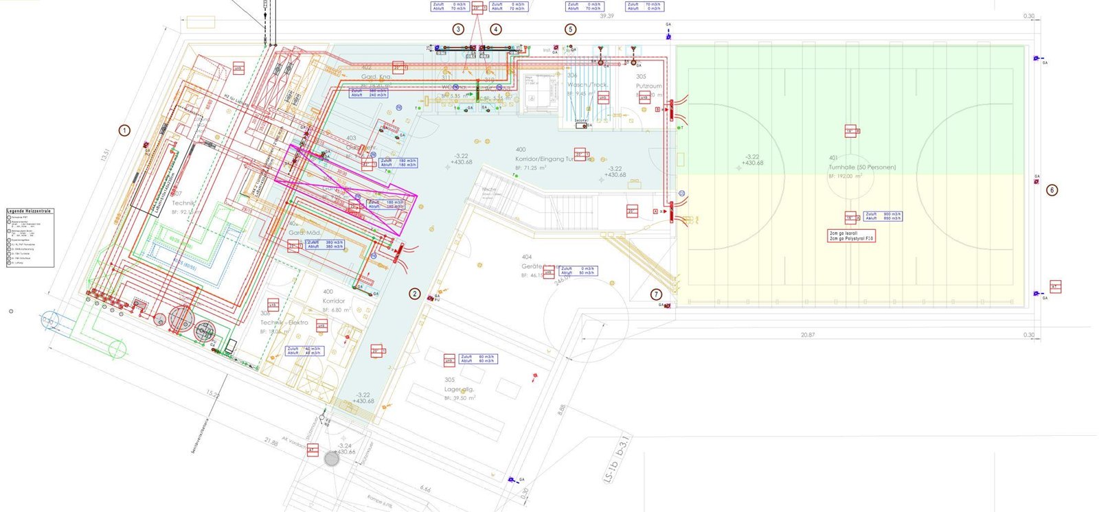 Werkplan mit Heizzentrale und Turnhalle